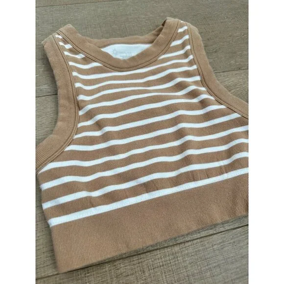 Striped Ribbed Seamless Cropped Tank Top XS By Offline Brown & White Stretch Cot - Picture 3 of 5